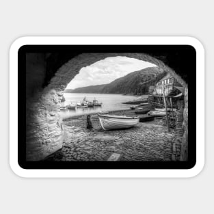 Clovelly Boats, North Devon, UK, Black And White Sticker